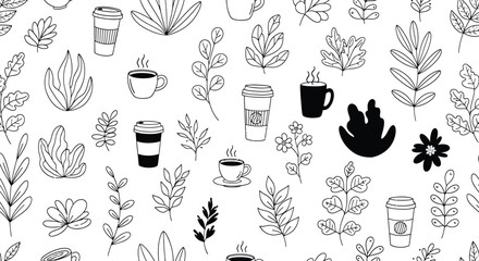 Dreamy floral pattern with cozy coffee cups, perfect for branding, packaging, or a modern cafe design project, bringing a fresh and inviting vibe