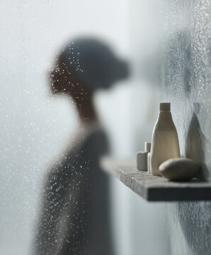 Home spa concept: woman showering behind fogged glass with droplets for body care products