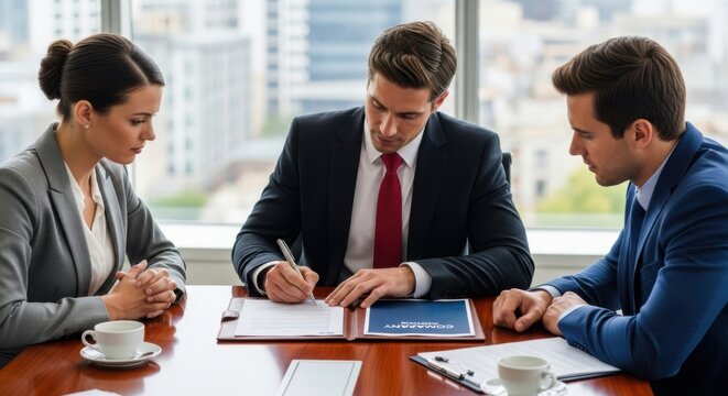Business professionals in a meeting signing documents at a table