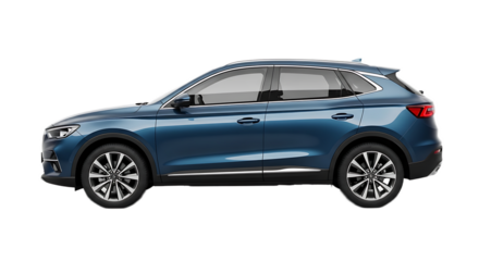 Side view of a blue suv with silver rims parked on a black background in a studio setting today