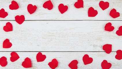 Red paper hearts and rose petals scattered on a rustic white table surface, suitable for Valentine's Day decor