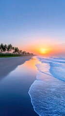 Tropical Beach At Sunset With Gentle Waves Reflecting The Orange Sky And Palm Trees Lining The Shore Under A Clear Blue Sky