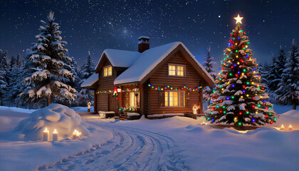 A fabulous winter landscape with a house illuminated by festive garlands. A perfect plot that conveys the atmosphere of Christmas night and magic.