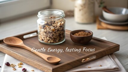 Granola in a jar and bowl with spoon on a wooden tray