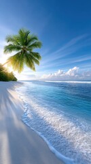 Tropical paradise beach with a single palm tree casting long shadows across the white sand during a golden sunset with sparkling blue ocean waves and a clear sky with wispy clouds