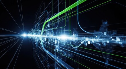 Abstract digital network with glowing lines and data streams