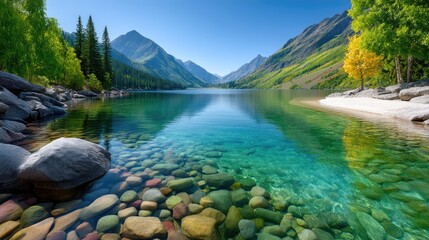 Turquoise Mountain Lake Reflecting Clear Blue Sky with Rocky Shoreline and Lush Green Trees in Autumn Sunlight