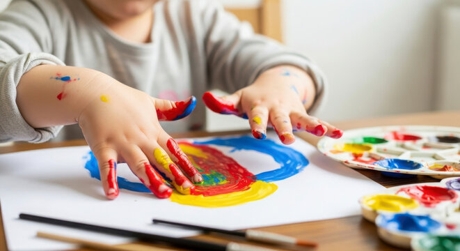 Little Child Hands Painting with Colorful Paints and Brushes