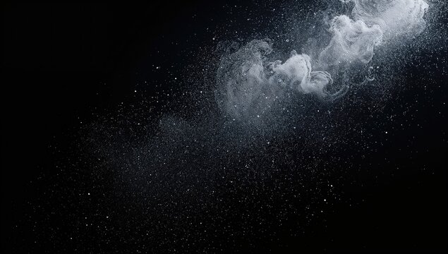 Floating dust particles, white dust texture on a black background, potential use for editorial header background