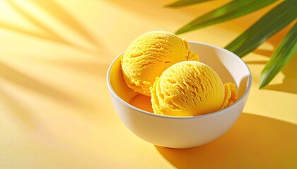Two bright yellow scoops of mango ice cream in a white bowl with palm leaf shadows on a sunny yellow background