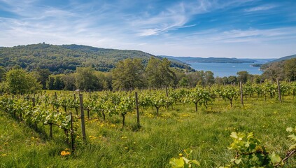 Obraz premium A scenic view of a grape vineyard surrounded by rolling hills and a large lake, highlighting the beauty of the Finger Lakes region