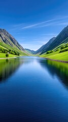 Vast Blue Lake Reflects Clear Sky Between Lush Green Mountain Valleys Under Bright Sunlight