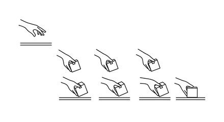 Line art illustration depicting a sequence of hands interacting with a small box, showing a progression from holding to placing, against a clean white background, suitable for concepts and app