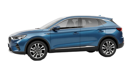 Fototapeta premium Side view of a blue suv with black trim and silver wheels against a black background in a studio shot