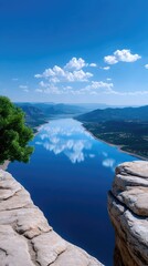 Vast Blue Lake Reflecting White Clouds Under A Bright Sunny Sky Seen From A High Rocky Cliff With Green Trees In The Foreground