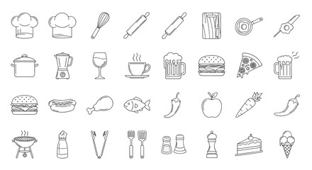 A comprehensive collection of 30 outline icons representing kitchen, food, and barbeque essentials, perfect for graphic design, web development, app interfaces, advertising, and various card designs