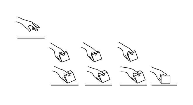Line art illustration depicting a sequence of hands interacting with a small box, showing a progression from holding to placing, against a clean white background, suitable for concepts and app