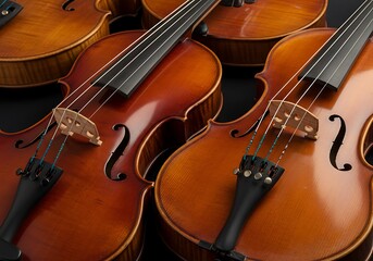 Close up of several violins and cellos with warm lighting.