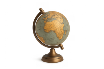 Vintage globe showing earth map and geography on transparent background