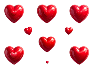 Floating Red Hearts with Soft Shadows, Vector Love Reaction Icons, Transparent Background