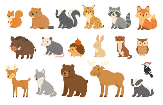 collection of cute forest inhabitants in charming illustrative style, series of endearing woodland creature characters illustrated in delightful and charming manner