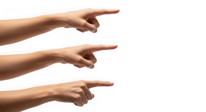 Three female hands pointing right, showing direction, guidance.