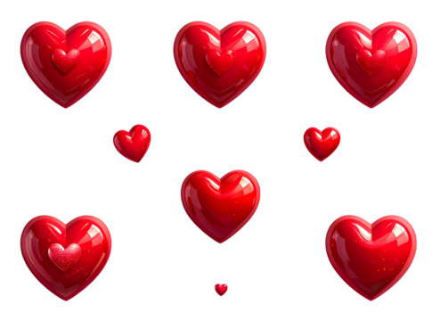 Floating Red Hearts with Soft Shadows, Vector Love Reaction Icons, Transparent Background
