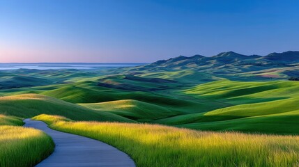 Peaceful Countryside Scene With A Winding Path Through Lush Green Rolling Hills Under A Clear Blue Sky With Distant Water And Mountains