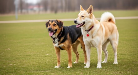 Two Happy Dogs Standing in a Green Field on a Sunny Day.