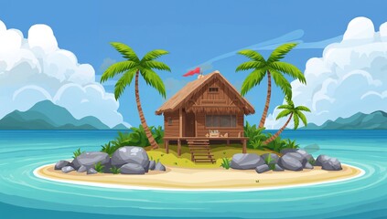 Beach cottage on an island surrounded by palm trees and rocks, ideal backdrop for summer-themed designs