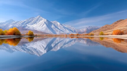 Stunning Snow-Capped Mountain Range Reflected in a Serene Blue Lake During Autumn with Vibrant Orange Trees Under a Clear Blue Sky