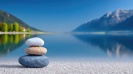 Stacked Stones Zen Balance On Lakeside With Mountain Landscape Calm Blue Water And Green Trees Distant House Serene Outdoor Scene