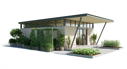 Modern glasshouse with abundant greenery on a sunny day showcases architectural design elegance.