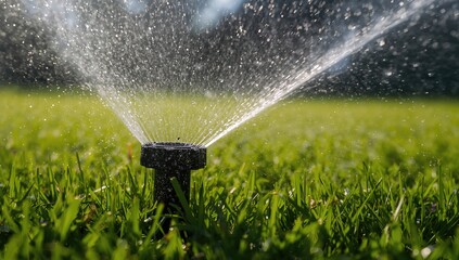 Close-up of a lawn sprinkler watering a vibrant green lawn, reflecting the risk of water waste