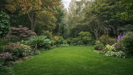 Obraz premium Lush green backyard featuring cicak amidst flowering plants, ideal for seasonal relaxation
