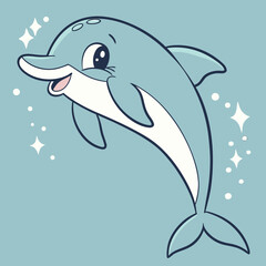 Cute blue cartoon dolphin mammal swimming with a ball in the marine ocean water wave