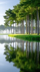 Tall Green Forest Trees Mirrored in Calm Water Under a Bright Blue Sky with Soft Sunlight