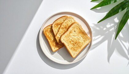 Three Slices of Golden Brown Toasted Bread on a White Plate with Green Leaf Shadows and Sunlight on a White Surface