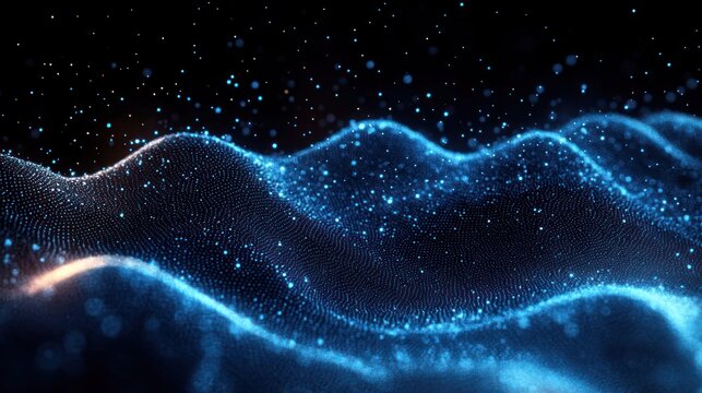 Abstract digital wave composed of glowing blue particles forming a flowing, undulating surface with a dark background