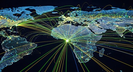 Visualize global connections with this world map showing dynamic networks, making it ideal for illustrating international business, technology, and travel themes