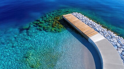 Top Down Drone Shot Of A Small Wooden Pier Leading Into Crystal Clear Turquoise Ocean Water With Rocky Shoreline And Sunlit Surface
