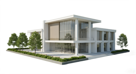 Modern white two story house exterior with large windows and minimalist architecture design style