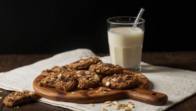 Glass of milk and oat cookies with chocolate and almond on wooden board with white cloth and dark backdrop