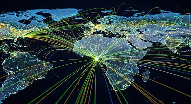 Visualize global connections with this world map showing dynamic networks, making it ideal for illustrating international business, technology, and travel themes - Powered by Adobe