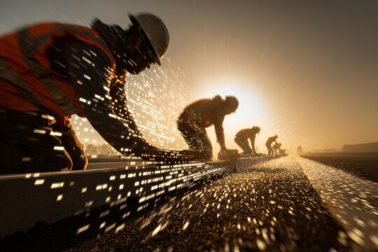 Safety and precision: workers enhance roadside edges under sun. Economic indicators. Under a bright horizon: workers wearing reflective gear put concrete blocks in place. Data analysis.