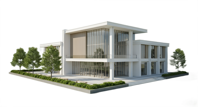 Modern white two story house exterior with large windows and minimalist architecture design style