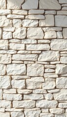 Fototapeta premium Light Cream Colored Stacked Stone Wall With Varying Sizes and Shapes Creating an Architectural Textured Background