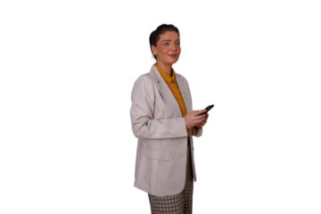 Woman businesswoman smiling, holding smartphone, standing, using mobile phone, texting message, transparent background