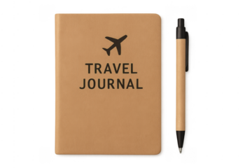 Travel journal and pen for planning adventure transparent background