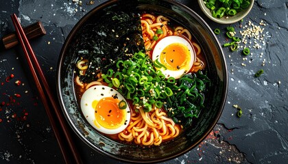 Top Down View of Ramen Noodles in a Dark Bowl With Soft Boiled Eggs Seaweed and Green Onions on a Textured Dark Surface With Chopsticks